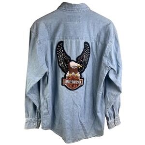 VTG Harley Davidson Denim Long Sleeve Shirt Large‎ Eagle Patch Medium Men's